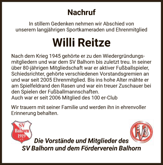 Traueranzeige von Willi Reitze von HNA