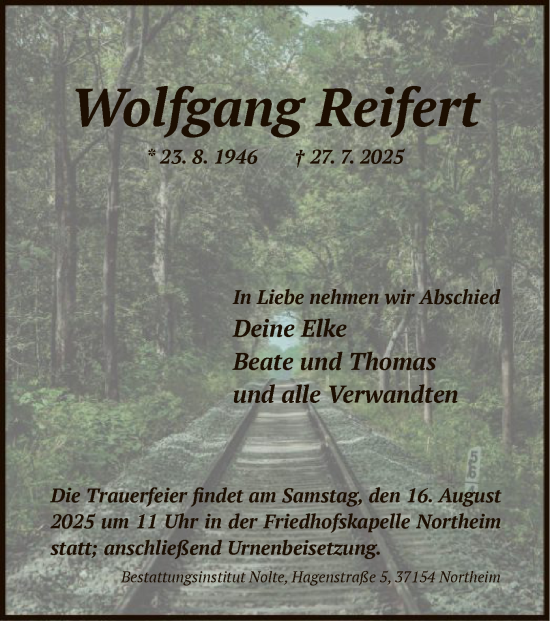 Traueranzeige von Wolfgang Reifert von HNA