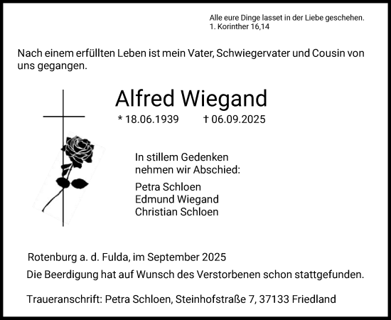 Traueranzeige von Alfred Wiegand von HNA