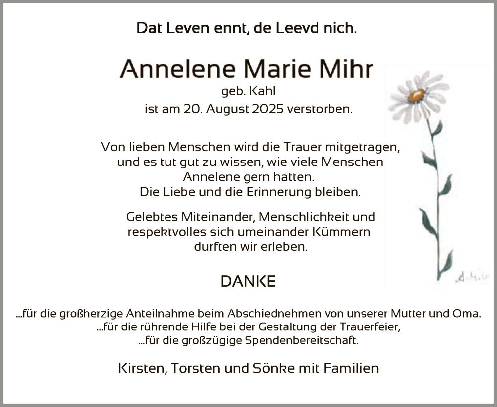  Traueranzeige für Annelene Marie Mihr vom 20.09.2025 aus HNAHNA