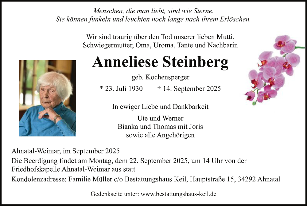  Traueranzeige für Anneliese Steinberg vom 17.09.2025 aus HNA