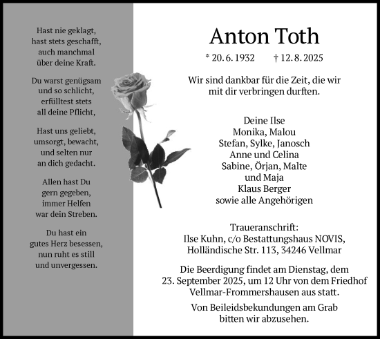 Traueranzeige von Anton Toth von HNA