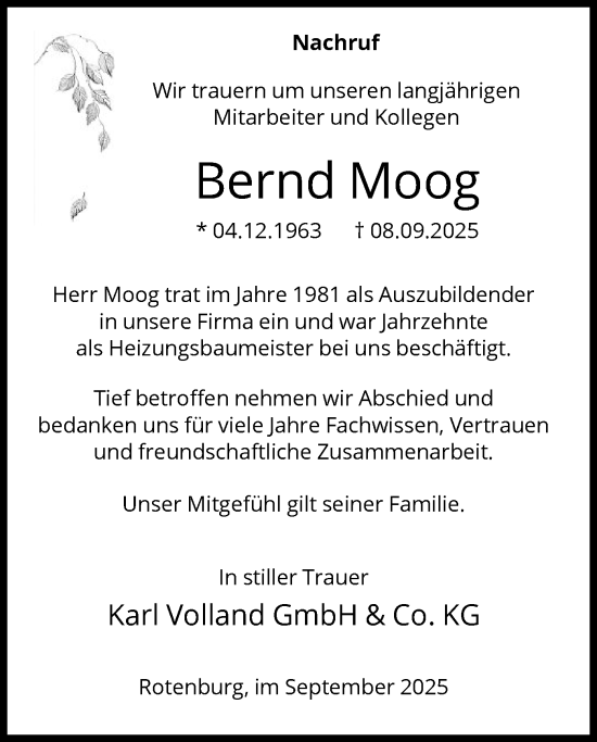 Traueranzeige von Bernd Moog von HNA