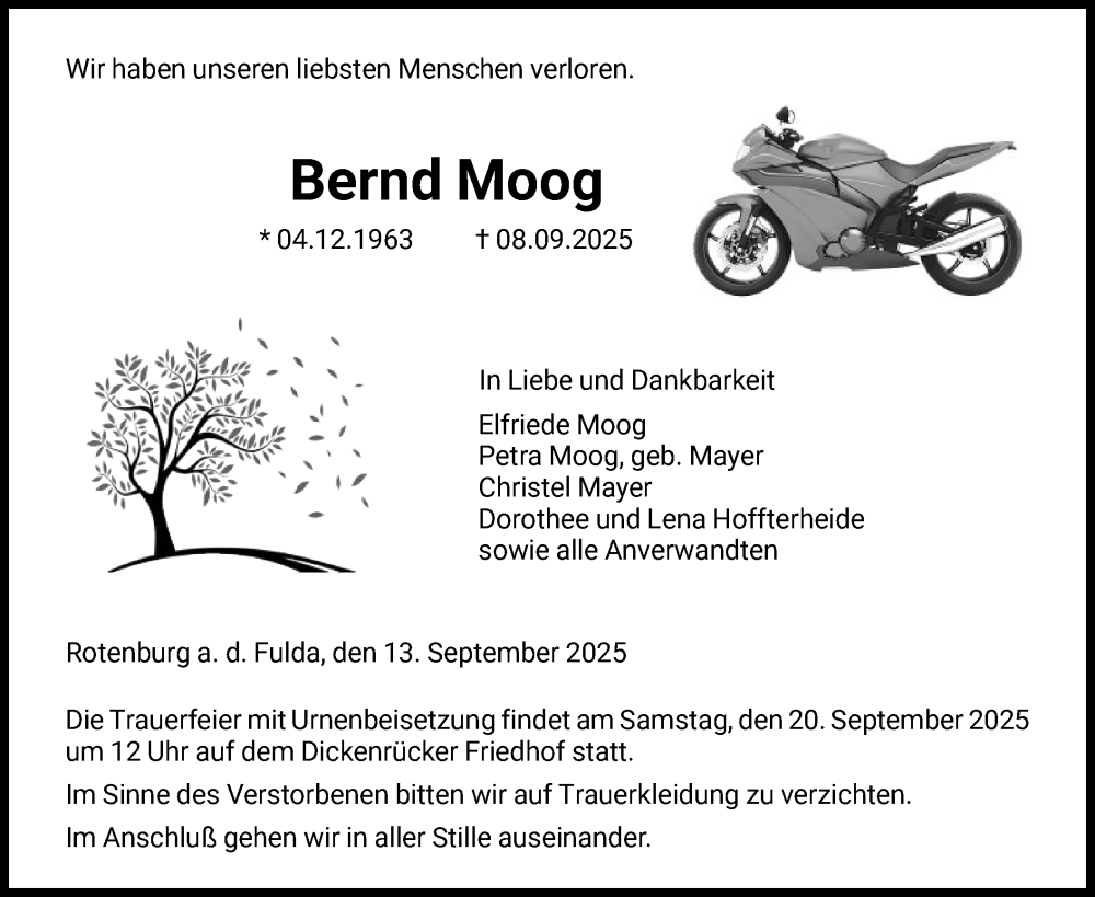  Traueranzeige für Bernd Moog vom 13.09.2025 aus HNA