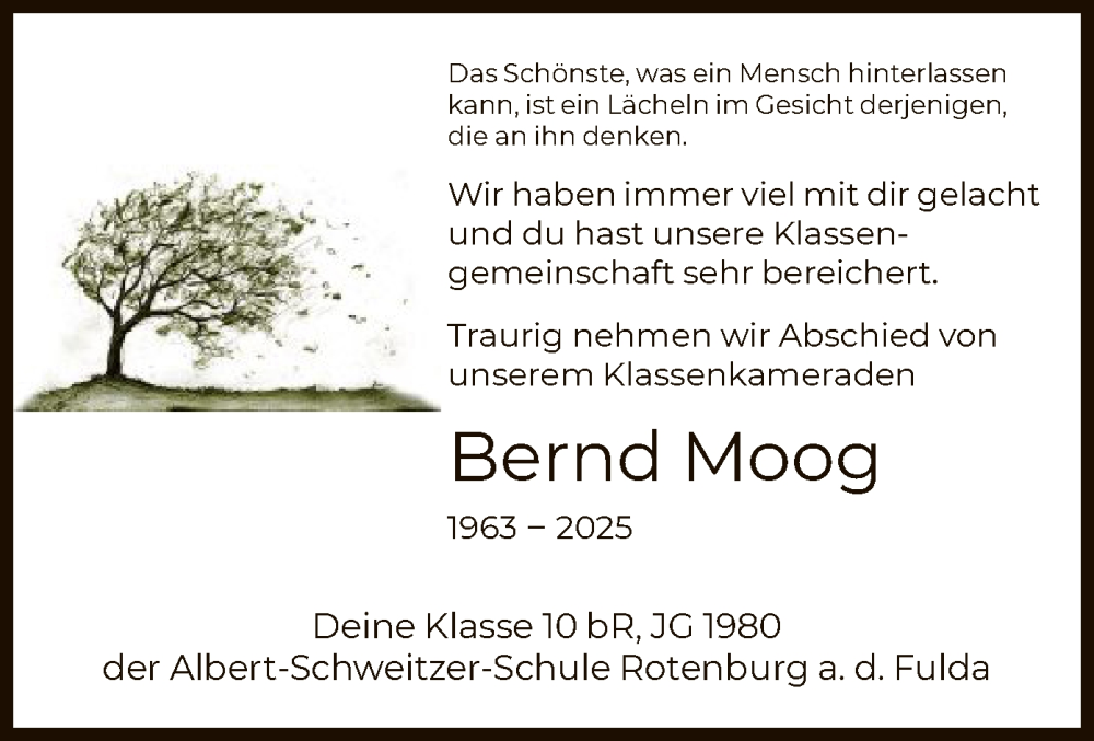  Traueranzeige für Bernd Moog vom 18.09.2025 aus HNA