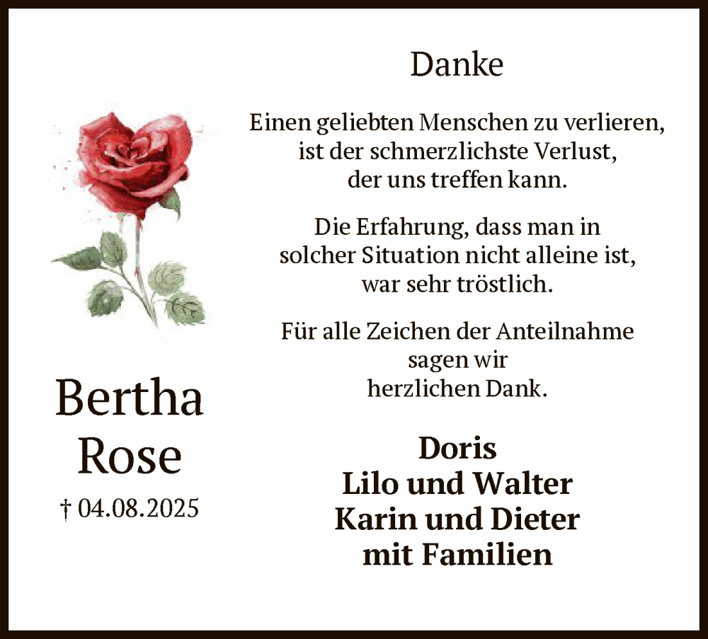  Traueranzeige für Bertha Rose vom 20.09.2025 aus HNAHN