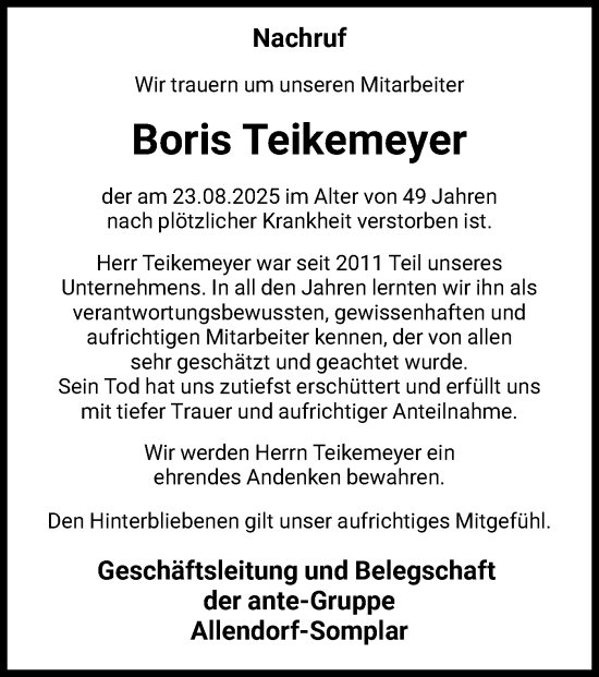 Traueranzeige von Boris Teikemeyer von HNA
