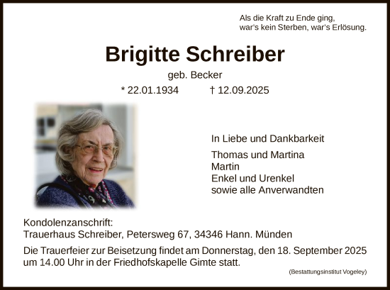 Traueranzeige von Brigitte Schreiber von HNA