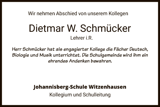 Traueranzeige von Dietmar W. Schmücker von HNA