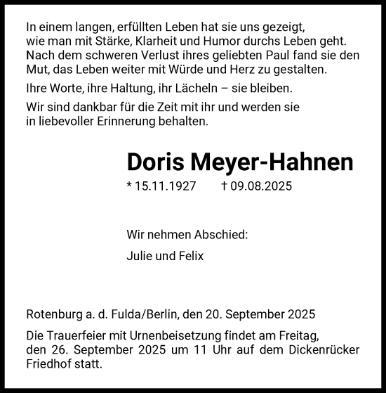 Traueranzeige von Doris Meyer-Hahnen von HNA