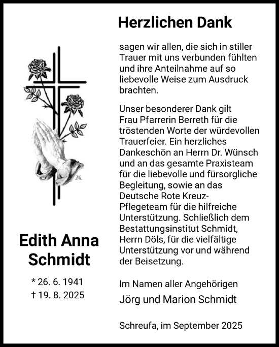 Traueranzeige von Edith Anna Schmidt von HNA