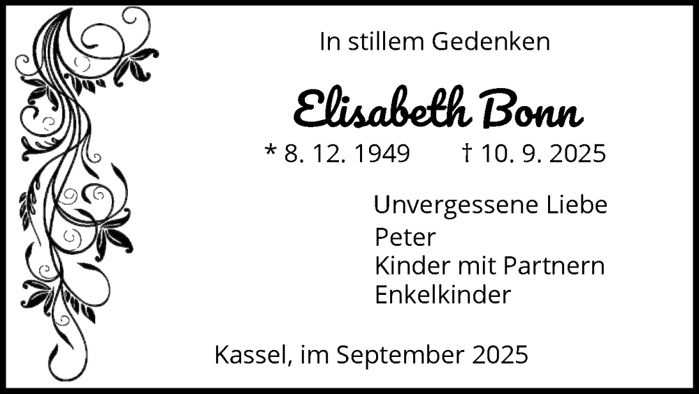  Traueranzeige für Elisabeth Bonn vom 27.09.2025 aus HNA