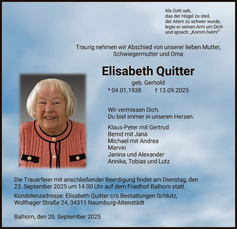  Traueranzeige für Elisabeth Quitter vom 20.09.2025 aus HNA