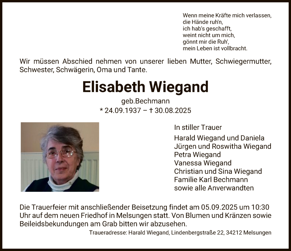  Traueranzeige für Elisabeth Wiegand vom 03.09.2025 aus HNA