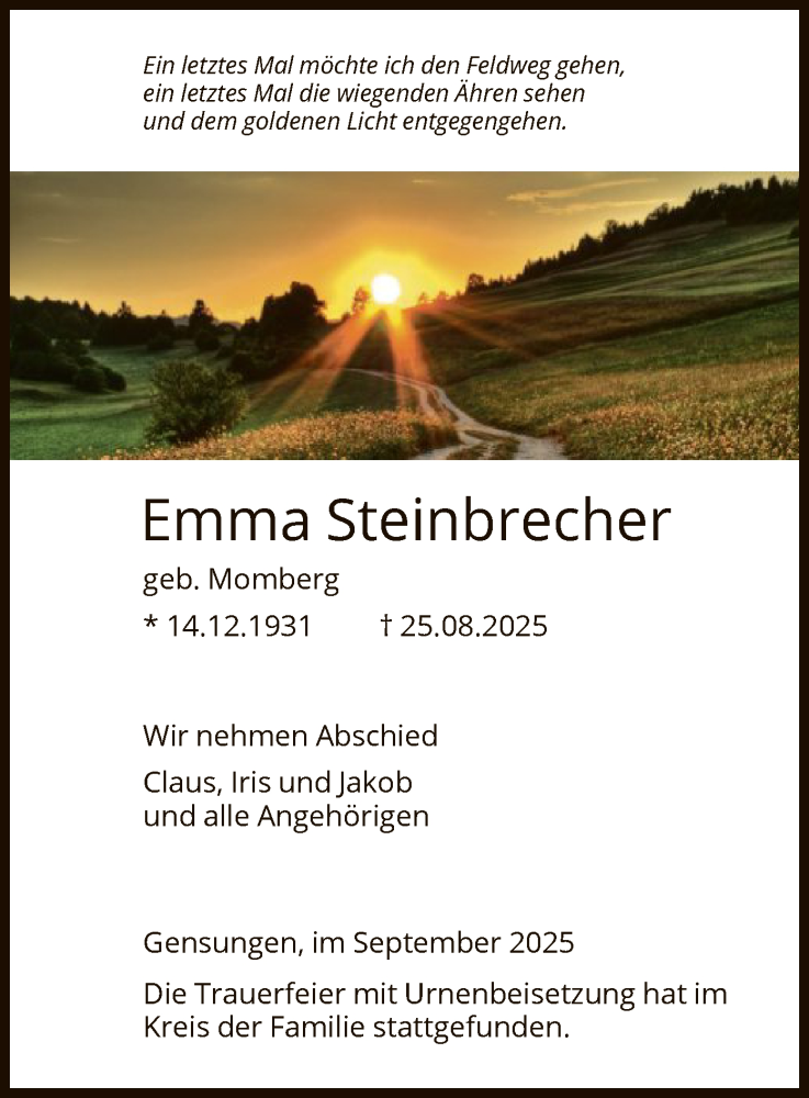  Traueranzeige für Emma Steinbrecher vom 23.09.2025 aus HNA