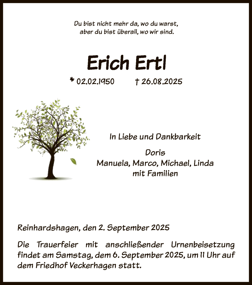  Traueranzeige für Erich Ertl vom 02.09.2025 aus HNA