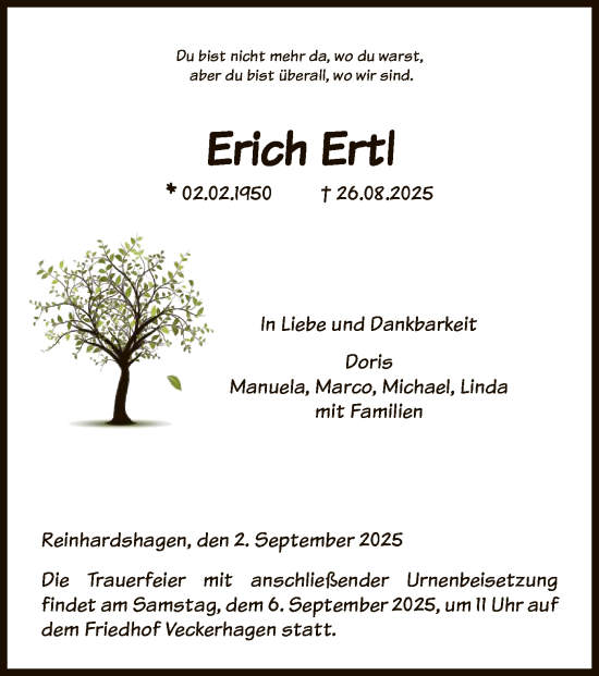 Traueranzeige von Erich Ertl von HNA
