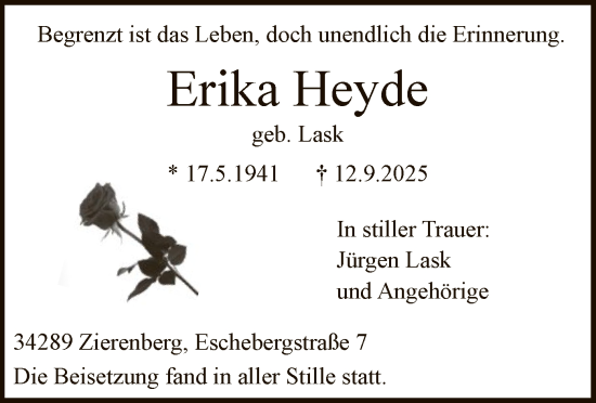 Traueranzeige von Erika Heyde von HNA