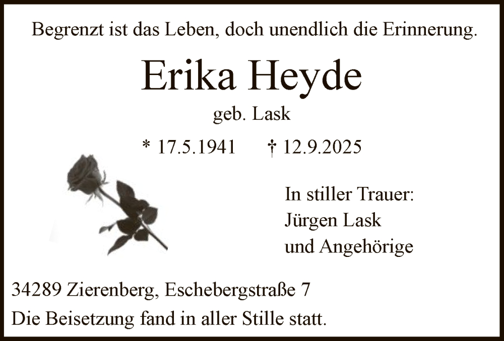  Traueranzeige für Erika Heyde vom 27.09.2025 aus HNA