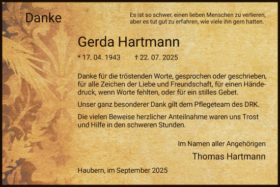 Traueranzeige von Gerda Hartmann von HNA
