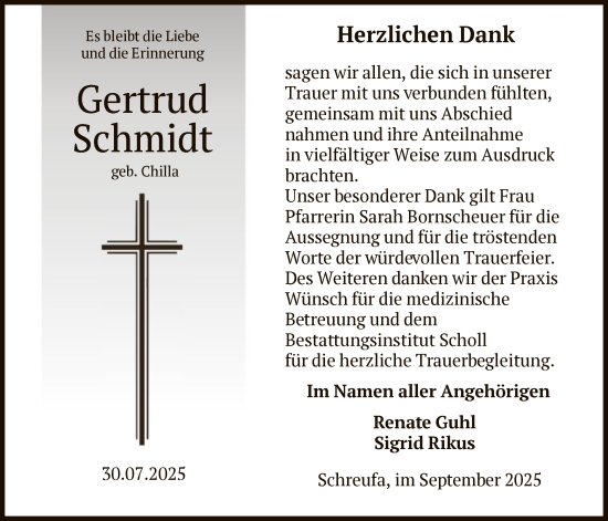 Traueranzeige von Gertrud Schmidt von HNA