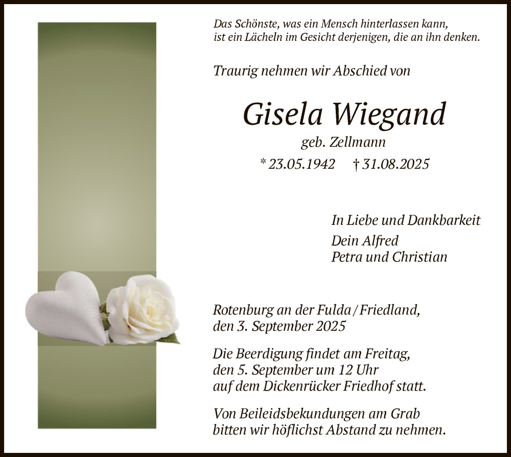  Traueranzeige für Gisela Wiegand vom 03.09.2025 aus HNA