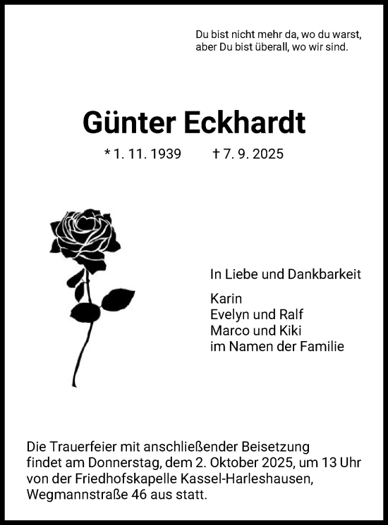 Traueranzeige von Günter Eckhardt von HNA