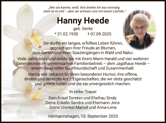 Traueranzeige von Hanny Heede von HNA