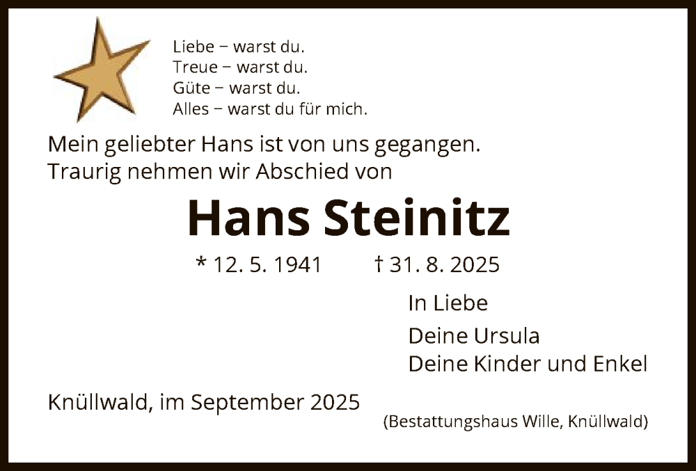  Traueranzeige für Hans Steinitz vom 06.09.2025 aus HNA