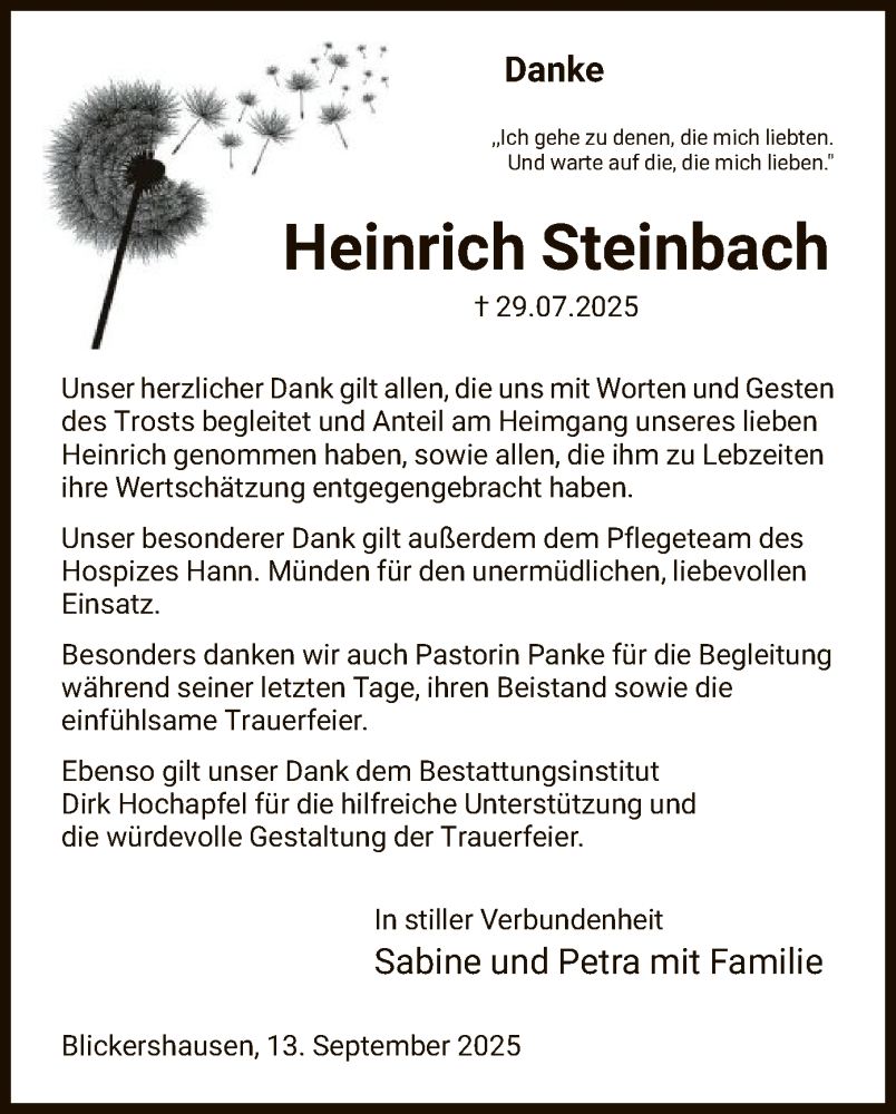  Traueranzeige für Heinrich Steinbach vom 13.09.2025 aus HNA