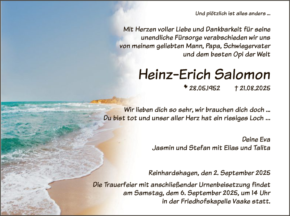  Traueranzeige für Heinz-Erich Salomon vom 02.09.2025 aus HNA
