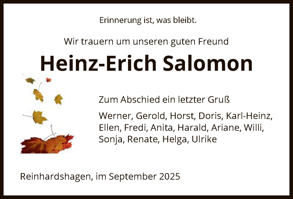  Traueranzeige für Heinz-Erich Salomon vom 02.09.2025 aus HNA