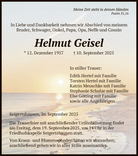 Traueranzeige von Helmut Geisel von HNA