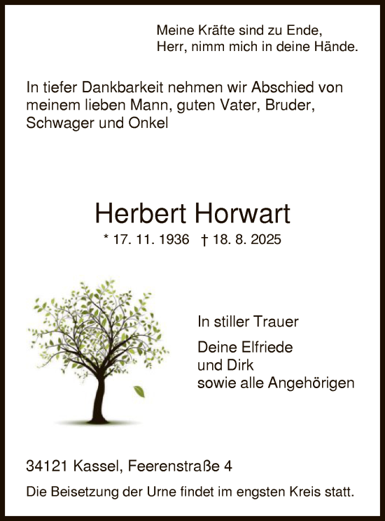 Traueranzeige von Herbert Horwart von HNA