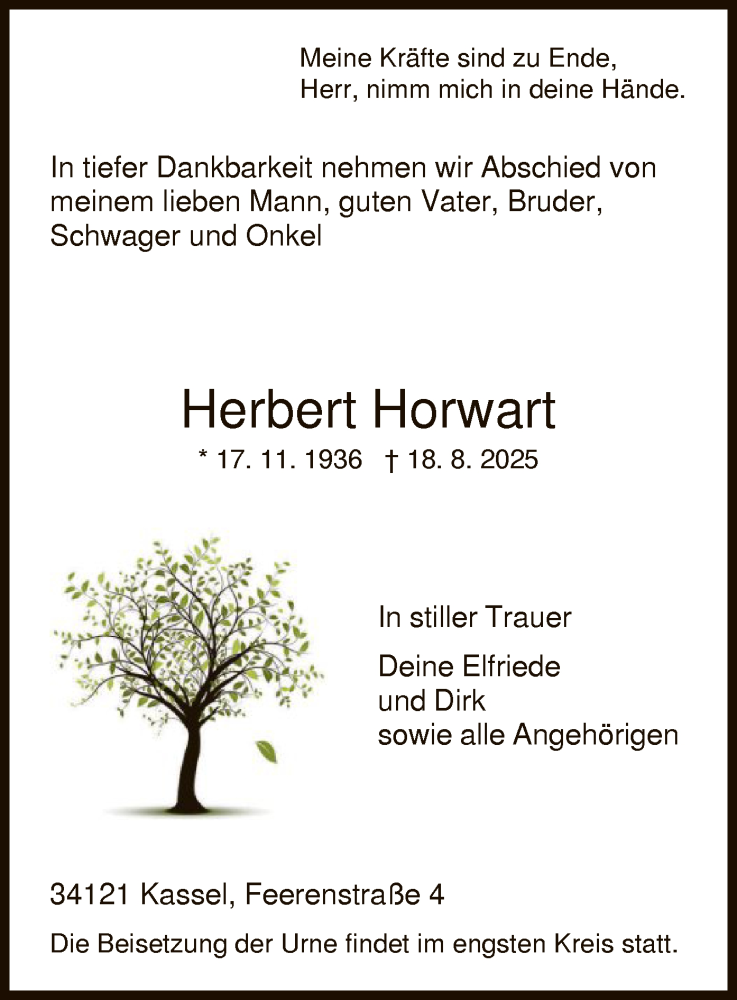 Traueranzeige für Herbert Horwart vom 06.09.2025 aus HNA