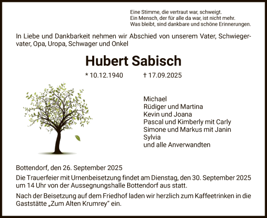 Traueranzeige von Hubert Sabisch von HNA