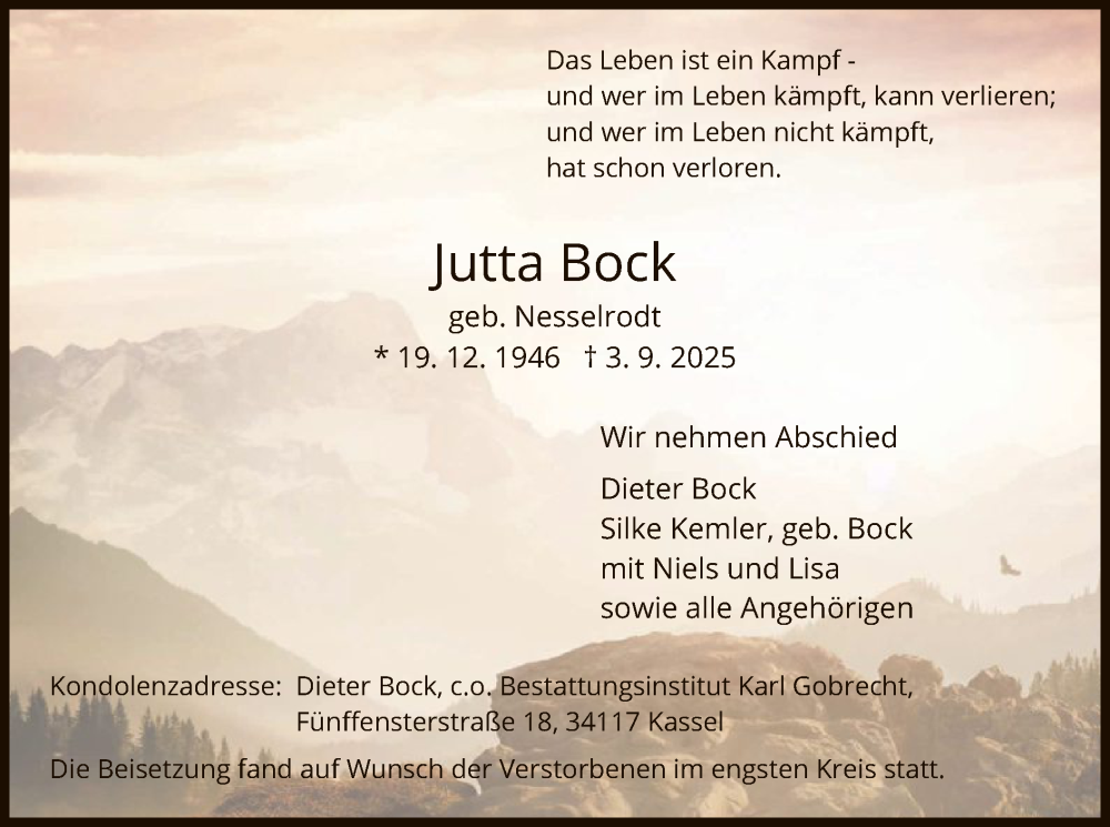  Traueranzeige für Jutta Bock vom 27.09.2025 aus HNA