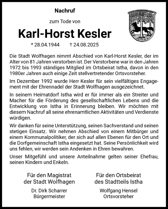 Traueranzeige von Karl-Horst Kesler von HNA