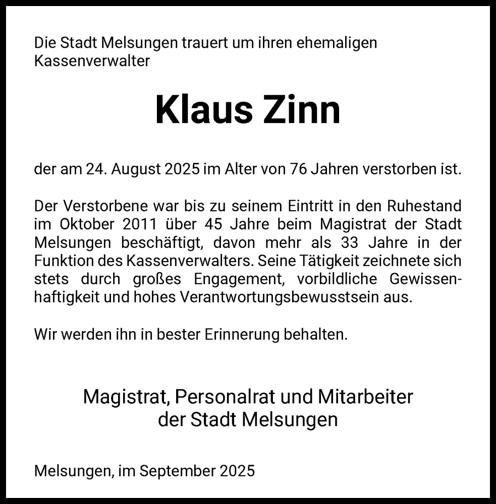  Traueranzeige für Klaus Zinn vom 13.09.2025 aus HNA