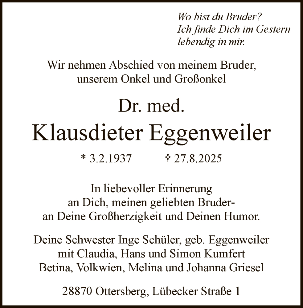  Traueranzeige für Klausdieter Eggenweiler vom 06.09.2025 aus HNA