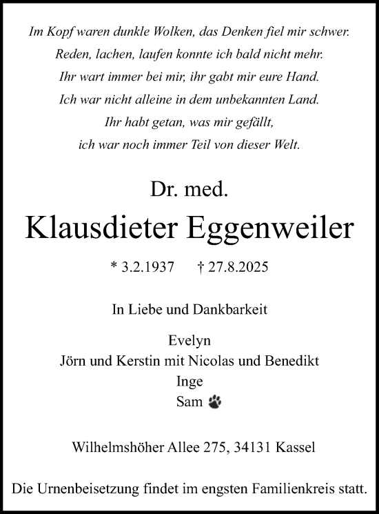 Traueranzeige von Klausdieter Eggenweiler von HNA