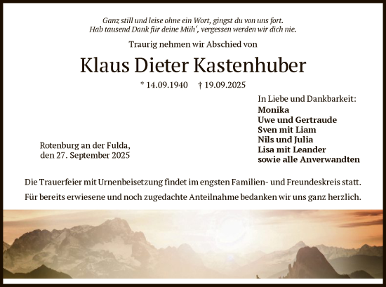 Traueranzeige von Klaus Dieter Kastenhuber von HNAHN