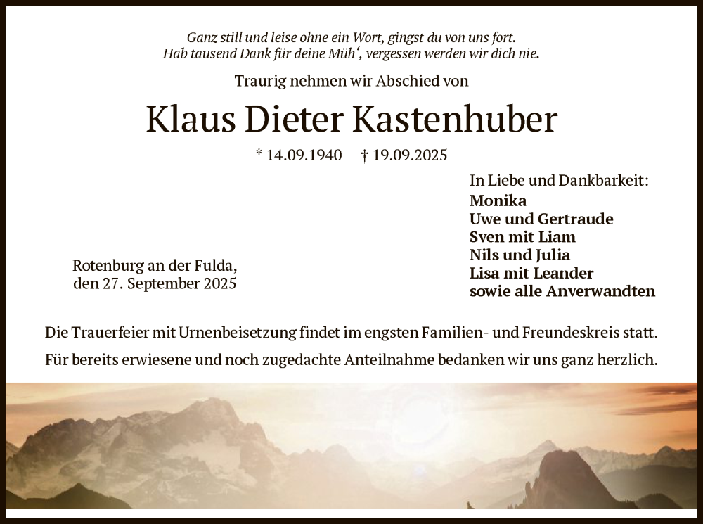  Traueranzeige für Klaus Dieter Kastenhuber vom 27.09.2025 aus HNAHN