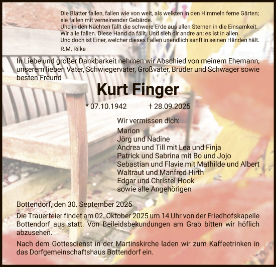 Traueranzeige von Kurt Finger von HNA
