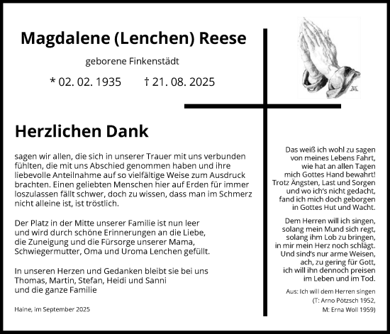 Traueranzeige von Magdalene Reese von HNA