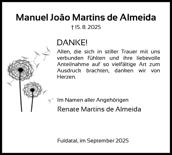 Traueranzeige von Manuel João Martins de Almeida von HNA