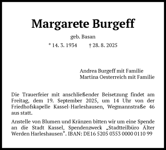 Traueranzeige von Margarete Burgeff von HNA