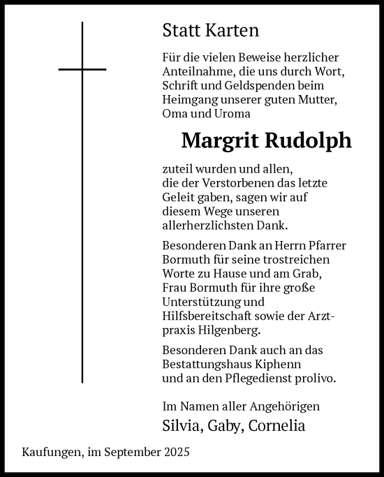 Traueranzeige von Margrit Rudolph von HNA