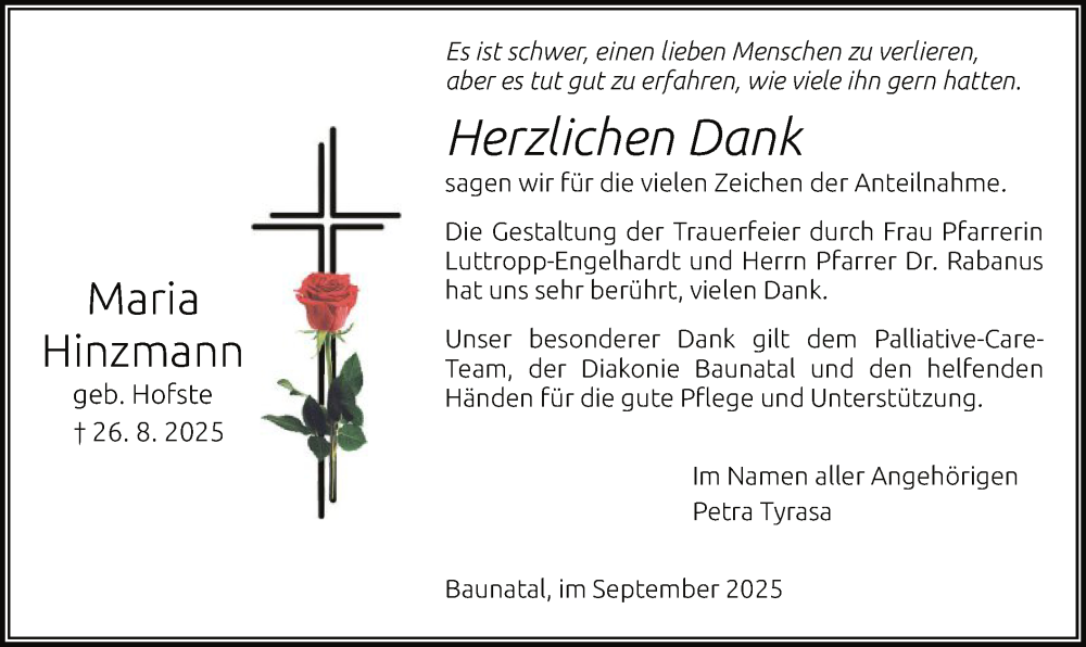  Traueranzeige für Maria Hinzmann vom 13.09.2025 aus HNA