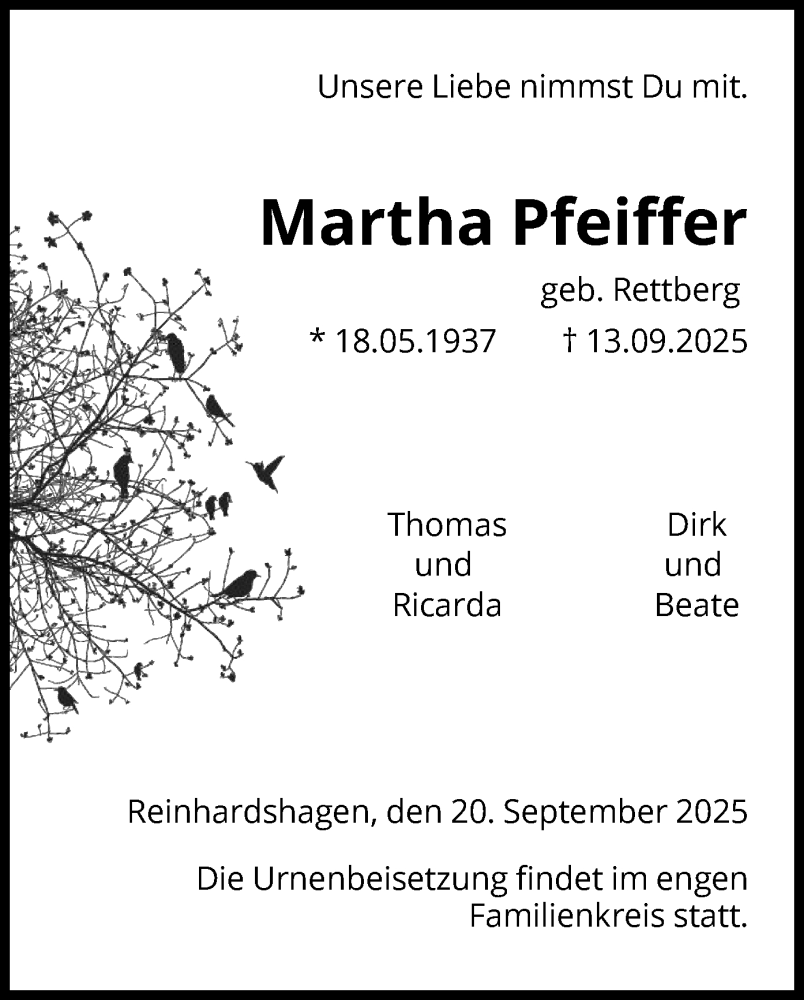  Traueranzeige für Martha Pfeiffer vom 20.09.2025 aus HNA